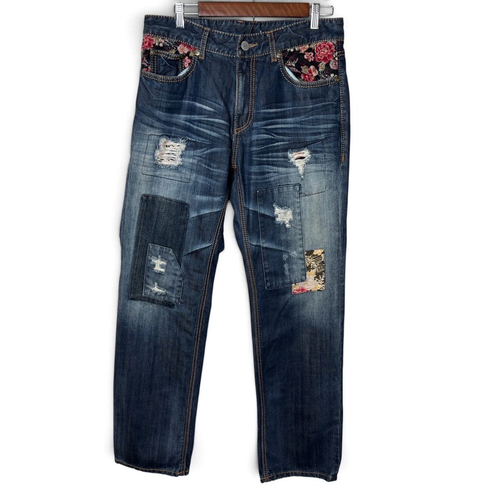 Japanese Nishiki Distressed Patchwork Floral Streetwear Denim Jeans Blue Mens 34